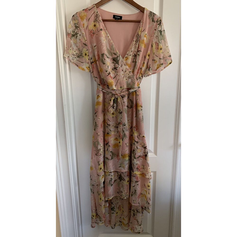 Tacera Womens Dress‎ Sz M Faux Wrap With Tie Short Sleeves Layered Floral Lined